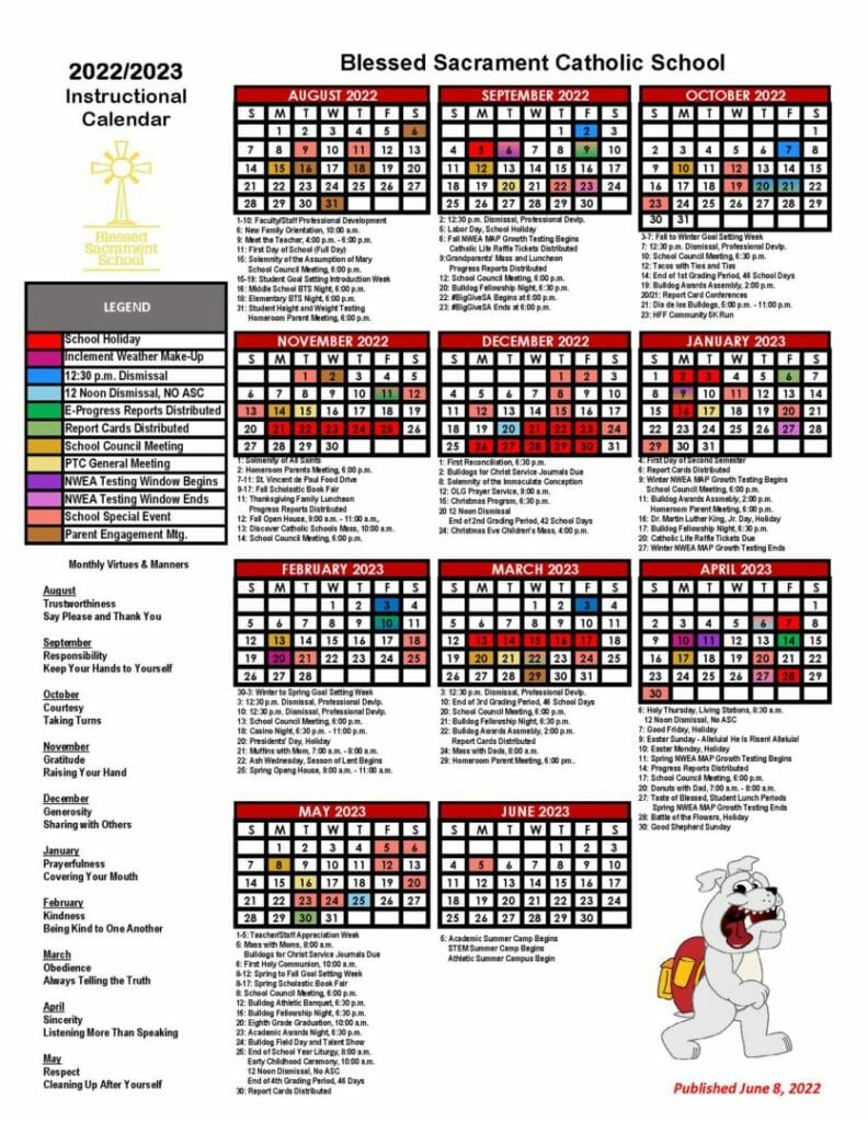 Instructional Calendar Blessed Sacrament Catholic School