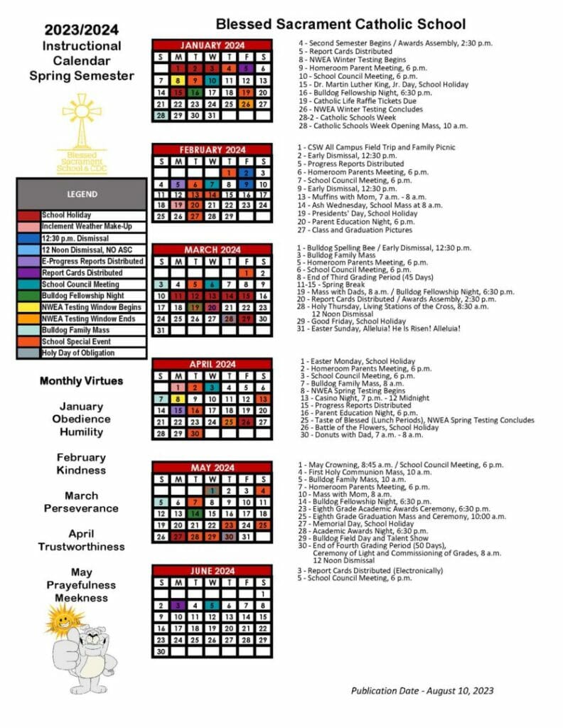 Instructional Calendar Blessed Sacrament Catholic School