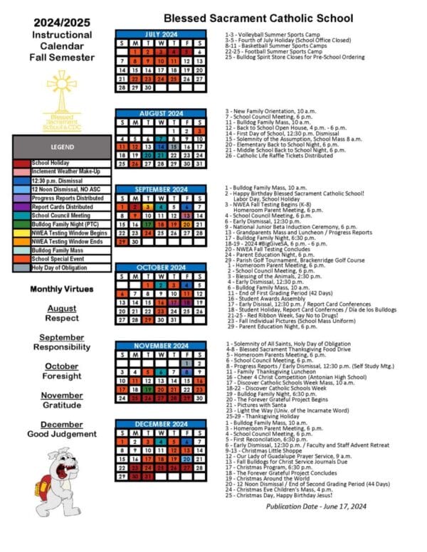 Instructional Calendar Blessed Sacrament Catholic School