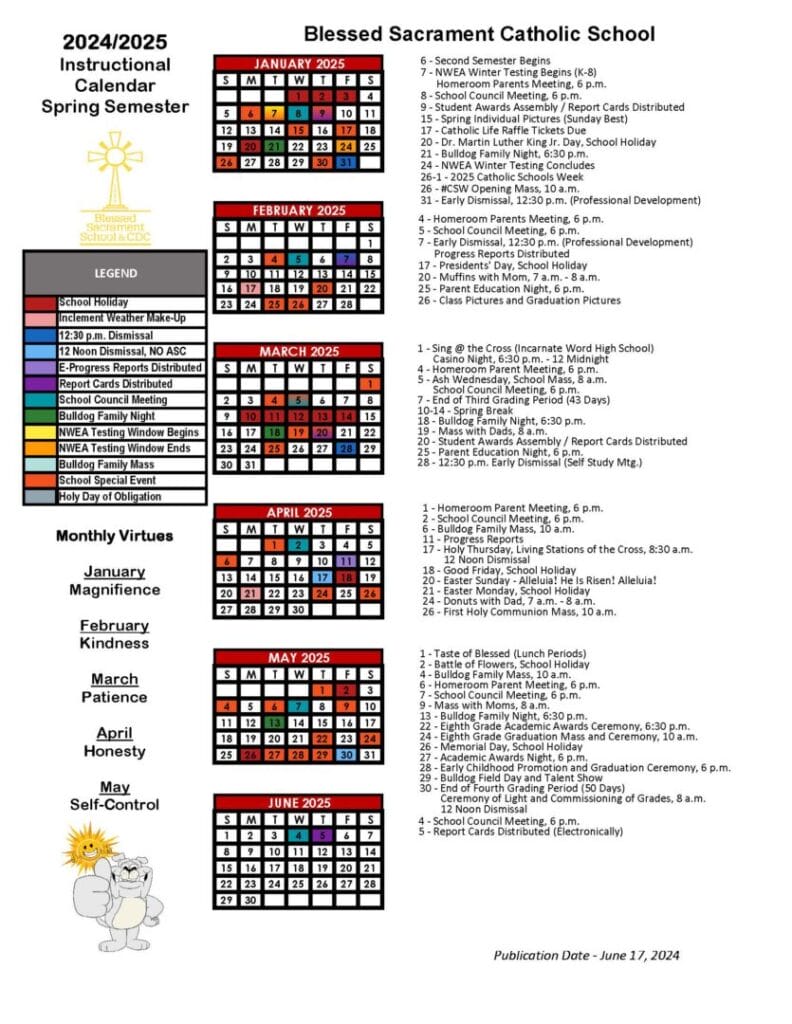 Instructional Calendar Blessed Sacrament Catholic School